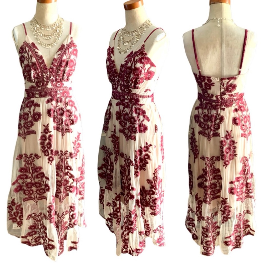 Elegant Nude Net Lace Floral Embroidered Midi Dress- 8